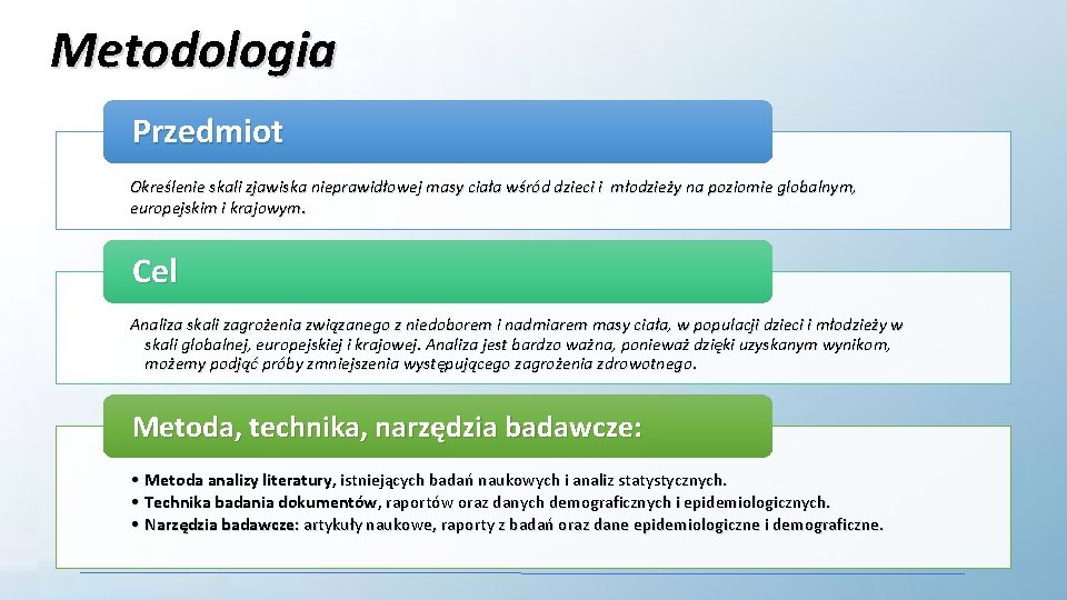 Metodologia Przedmiot Określenie skali zjawiska nieprawidłowej masy ciała wśród dzieci i młodzieży na poziomie