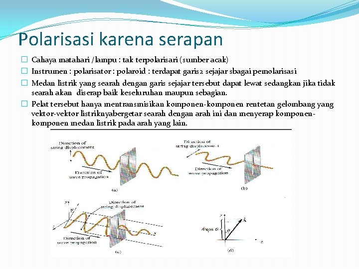 Polarisasi karena serapan � Cahaya matahari /lampu : tak terpolarisari (sumber acak) � Instrumen