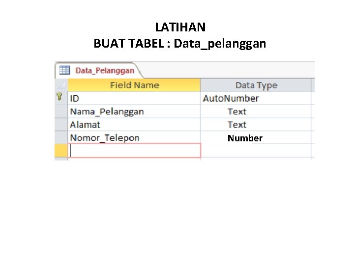 LATIHAN BUAT TABEL : Data_pelanggan Number 