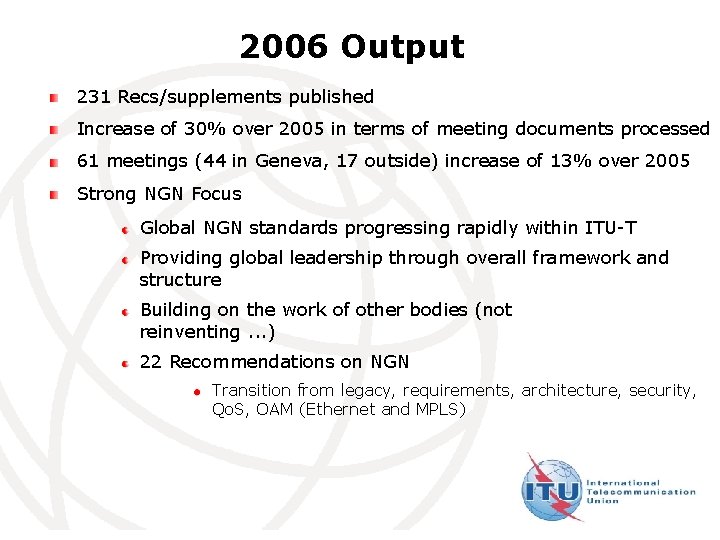 2006 Output 231 Recs/supplements published Increase of 30% over 2005 in terms of meeting