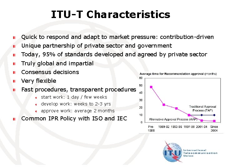 ITU-T Characteristics Quick to respond adapt to market pressure: contribution-driven Unique partnership of private