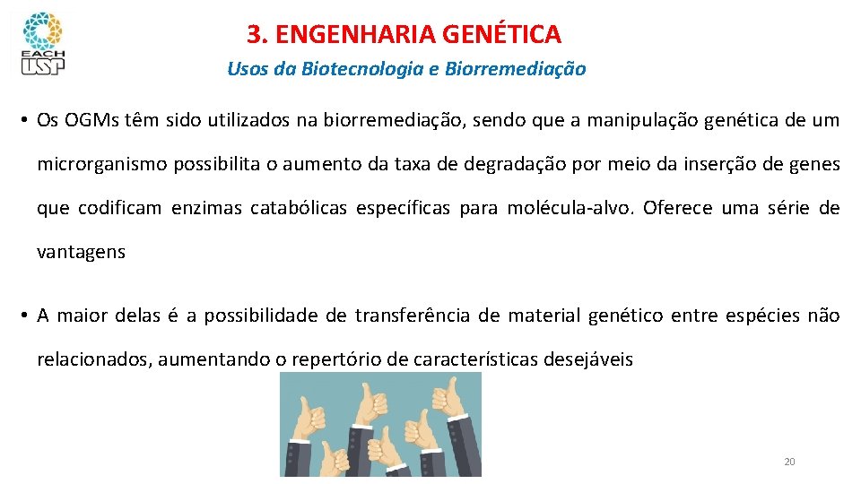 3. ENGENHARIA GENÉTICA Usos da Biotecnologia e Biorremediação • Os OGMs têm sido utilizados