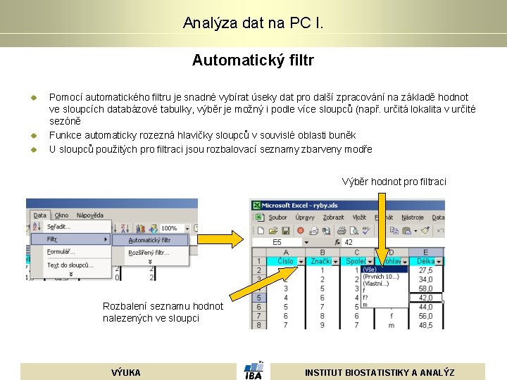 Analýza dat na PC I. Automatický filtr u u u Pomocí automatického filtru je Analýza dat na PC I. Automatický filtr u u u Pomocí automatického filtru je