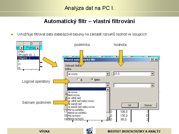 Analýza dat na PC I. Automatický filtr – vlastní filtrování u Umožňuje filtrovat databázové Analýza dat na PC I. Automatický filtr – vlastní filtrování u Umožňuje filtrovat databázové