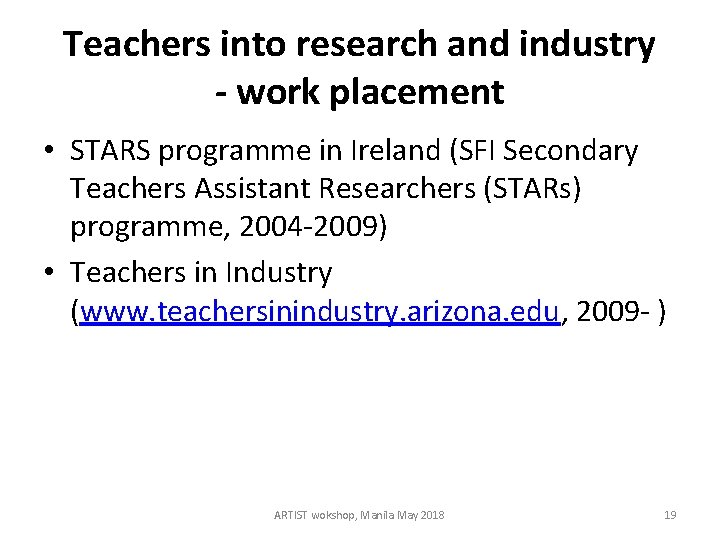 Teachers into research and industry - work placement • STARS programme in Ireland (SFI