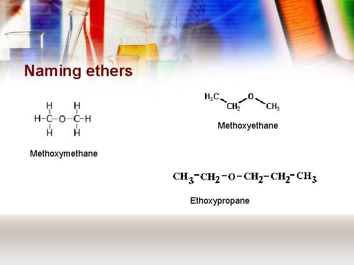 Naming ethers Methoxyethane Methoxymethane Ethoxypropane 