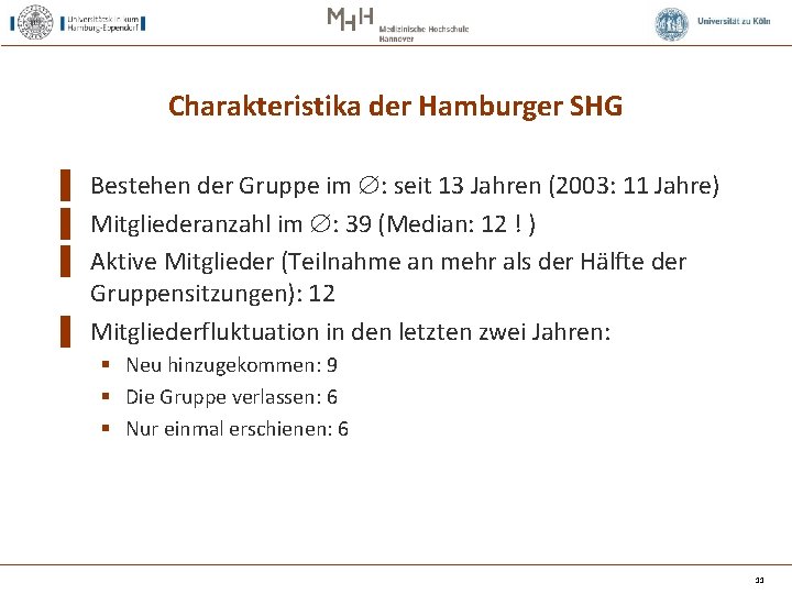 Charakteristika der Hamburger SHG ▌ Bestehen der Gruppe im : seit 13 Jahren (2003: