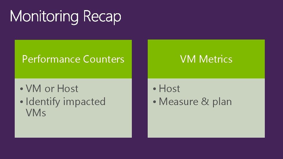 Performance Counters • VM or Host • Identify impacted VMs VM Metrics • Host