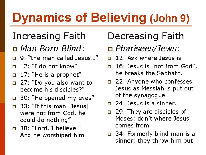 Dynamics of Believing (John 9) Increasing Faith p p p p Man Born Blind: