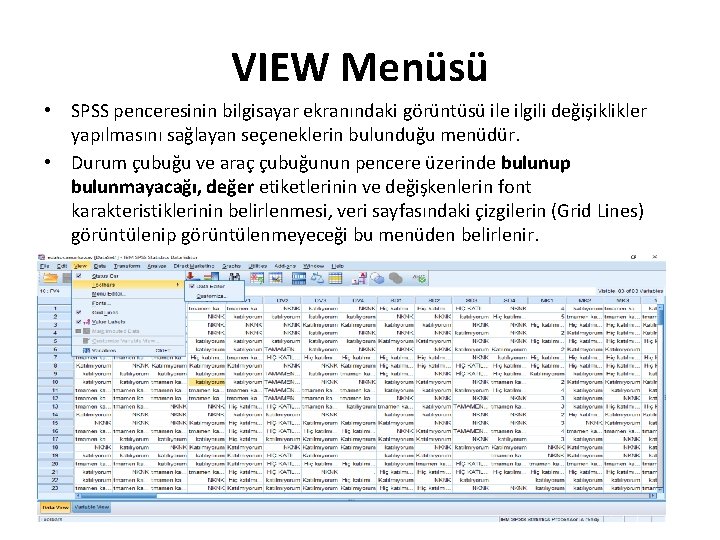 VIEW Menüsü • SPSS penceresinin bilgisayar ekranındaki görüntüsü ile ilgili değişiklikler yapılmasını sağlayan seçeneklerin