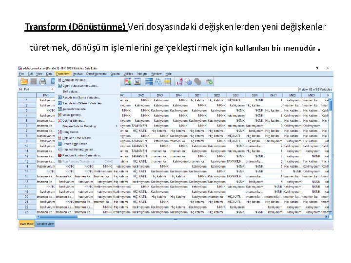 Transform (Dönüştürme) Veri dosyasındaki değişkenlerden yeni değişkenler türetmek, dönüşüm işlemlerini gerçekleştirmek için kullanılan bir