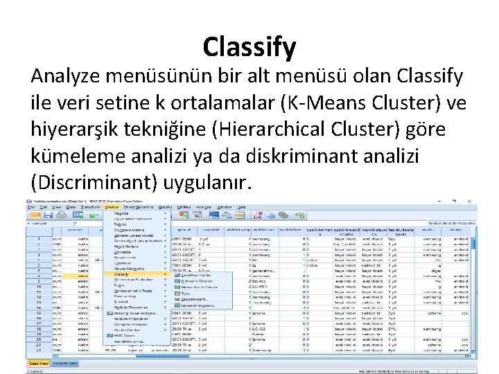 Classify Analyze menüsünün bir alt menüsü olan Classify ile veri setine k ortalamalar (K-Means