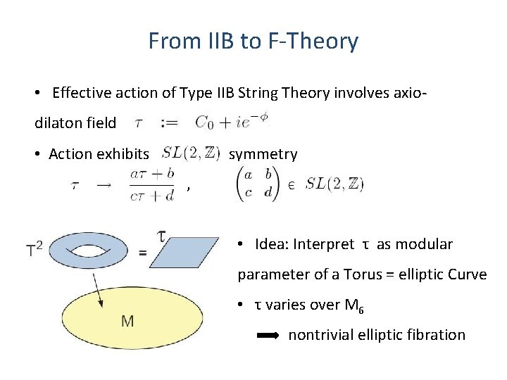 From IIB to F-Theory • Effective action of Type IIB String Theory involves axiodilaton