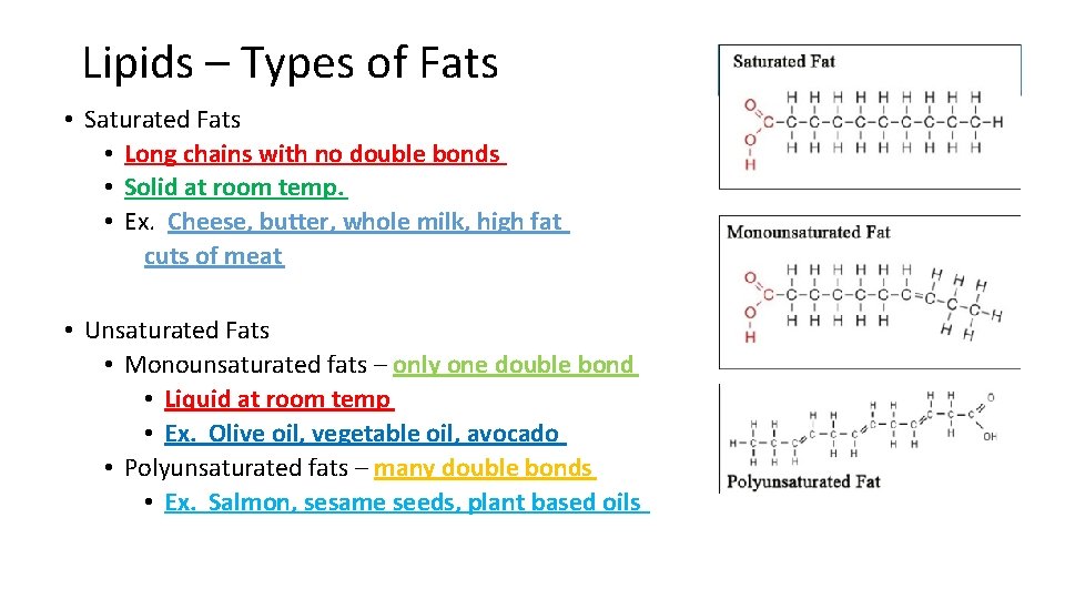 Lipids – Types of Fats • Saturated Fats • Long chains with no double