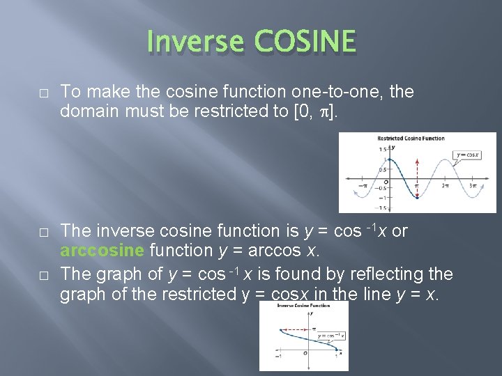 Inverse COSINE � To make the cosine function one-to-one, the domain must be restricted