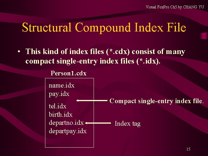 Visual Fox. Pro Ch 5 by CHANG YU Structural Compound Index File • This Visual Fox. Pro Ch 5 by CHANG YU Structural Compound Index File • This