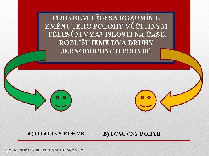 POHYBEM TĚLESA ROZUMÍME ZMĚNU JEHO POLOHY VŮČI JINÝM TĚLESŮM V ZÁVISLOSTI NA ČASE. ROZLIŠUJEME