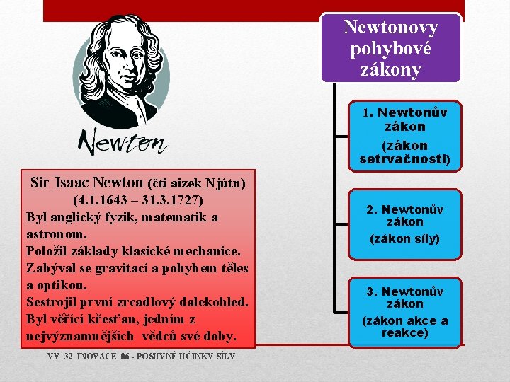 Newtonovy pohybové zákony 1. Newtonův zákon (zákon setrvačnosti) Sir Isaac Newton (čti aizek Njútn)