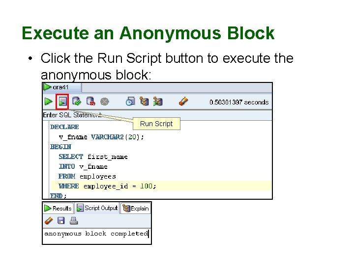Execute an Anonymous Block • Click the Run Script button to execute the anonymous