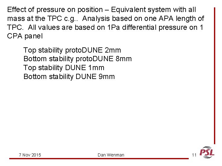 Effect of pressure on position – Equivalent system with all mass at the TPC