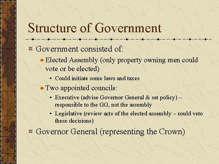 Structure of Government consisted of: Elected Assembly (only property owning men could vote or
