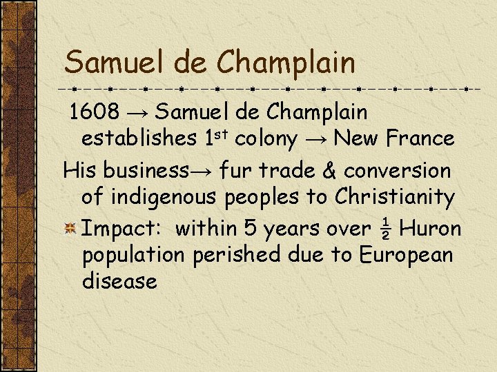 Samuel de Champlain 1608 → Samuel de Champlain establishes 1 st colony → New