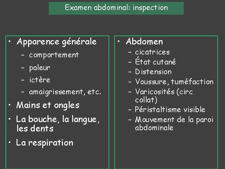 Examen abdominal: inspection • Apparence générale – comportement – paleur – ictère – amaigrissement,