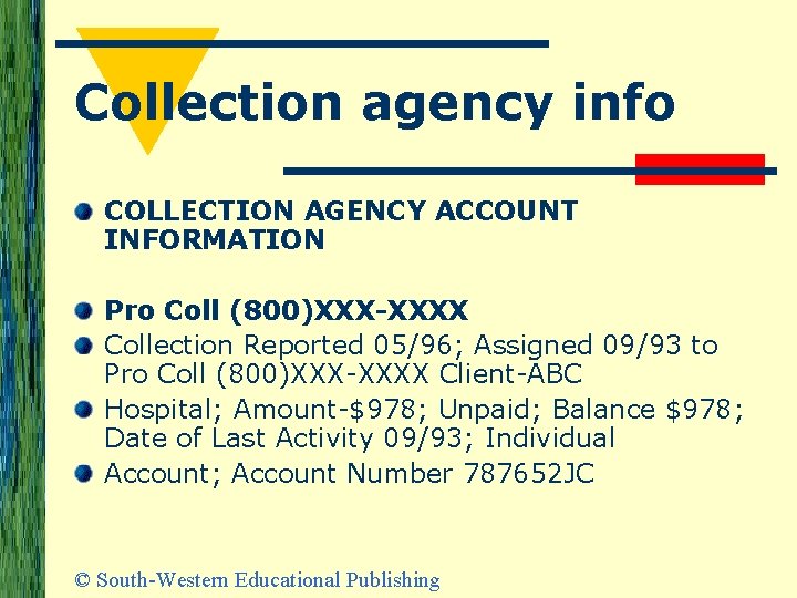 Collection agency info COLLECTION AGENCY ACCOUNT INFORMATION Pro Coll (800)XXX-XXXX Collection Reported 05/96; Assigned