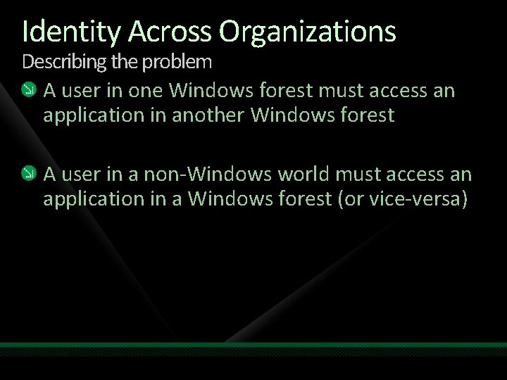 Identity Across Organizations Describing the problem A user in one Windows forest must access