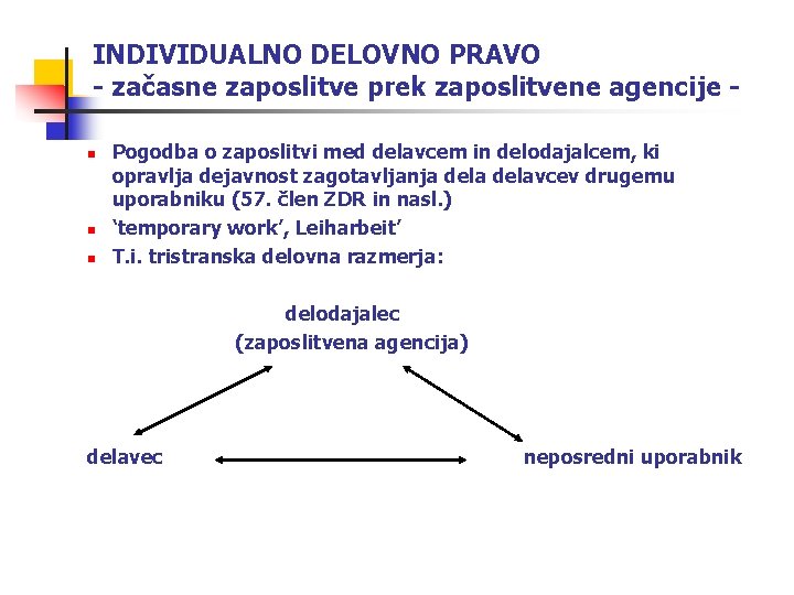 INDIVIDUALNO DELOVNO PRAVO - začasne zaposlitve prek zaposlitvene agencije n n n Pogodba o