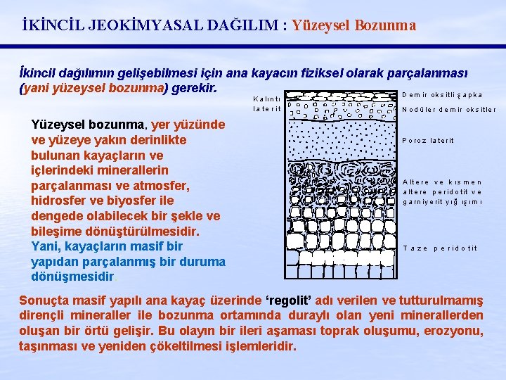 İKİNCİL JEOKİMYASAL DAĞILIM : Yüzeysel Bozunma İkincil dağılımın gelişebilmesi için ana kayacın fiziksel olarak