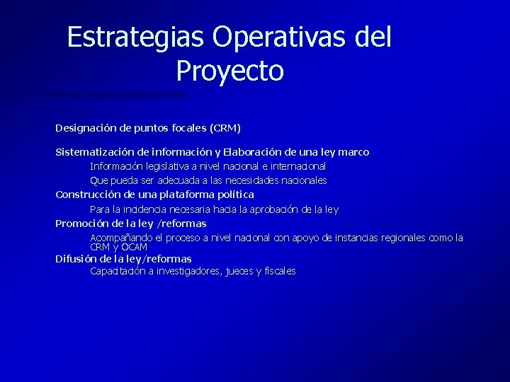 Estrategias Operativas del Proyecto Designación de puntos focales (CRM) Sistematización de información y Elaboración