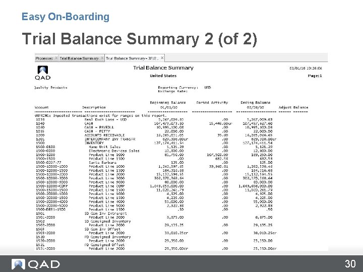 Easy On-Boarding Trial Balance Summary 2 (of 2) 30 