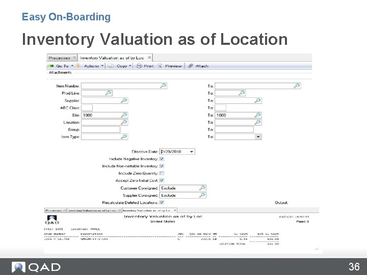 Easy On-Boarding Inventory Valuation as of Location 36 