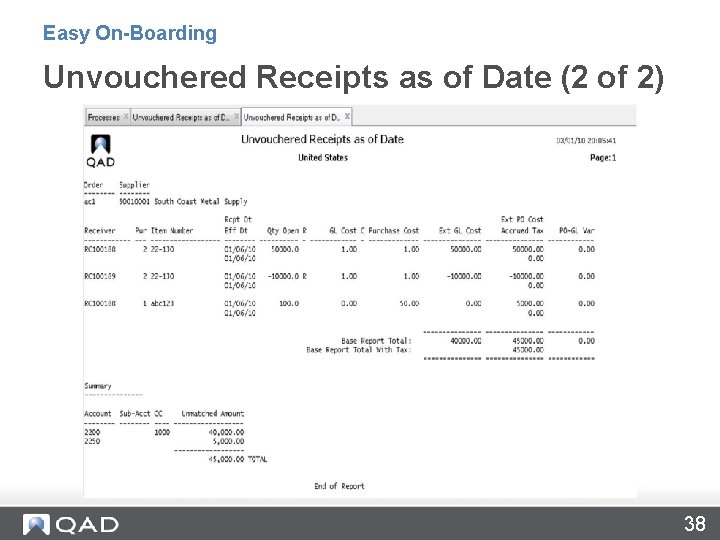 Easy On-Boarding Unvouchered Receipts as of Date (2 of 2) 38 