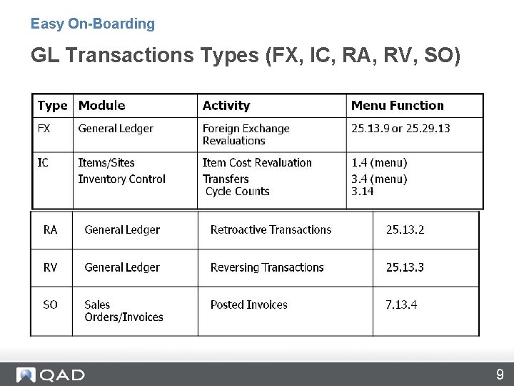 Easy On-Boarding GL Transactions Types (FX, IC, RA, RV, SO) 9 