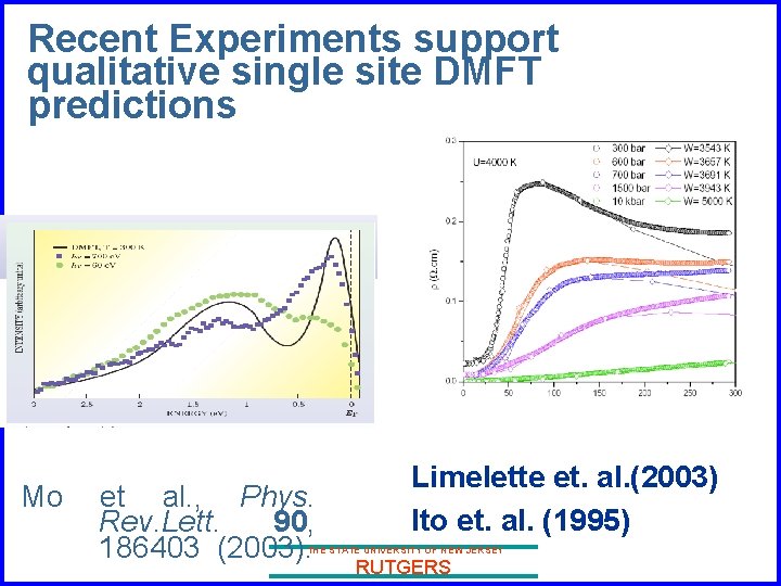 Recent Experiments support qualitative single site DMFT predictions Mo et al. , Phys. Rev.