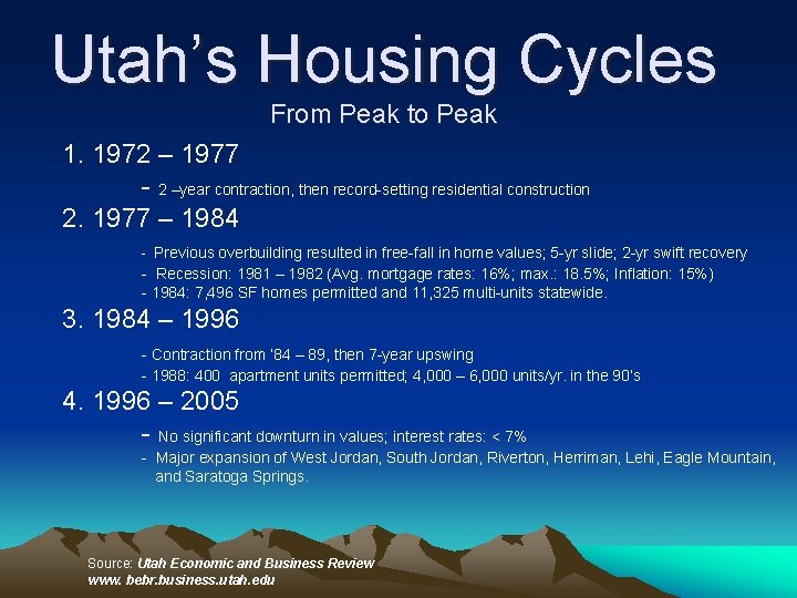 Utah’s Housing Cycles From Peak to Peak 1. 1972 – 1977 - 2 –year