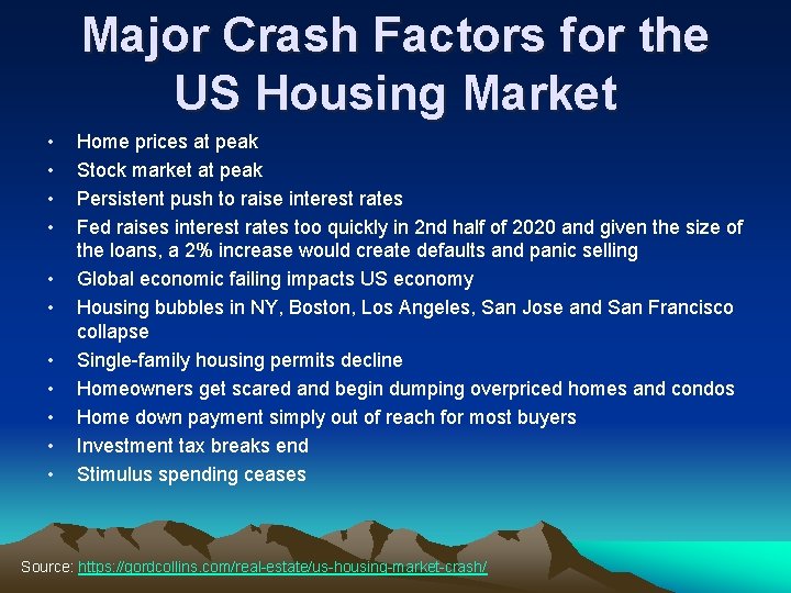 Major Crash Factors for the US Housing Market • • • Home prices at