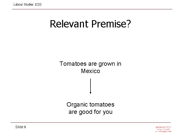 Labour Studies 1 C 03 Relevant Premise? Tomatoes are grown in Mexico Organic tomatoes