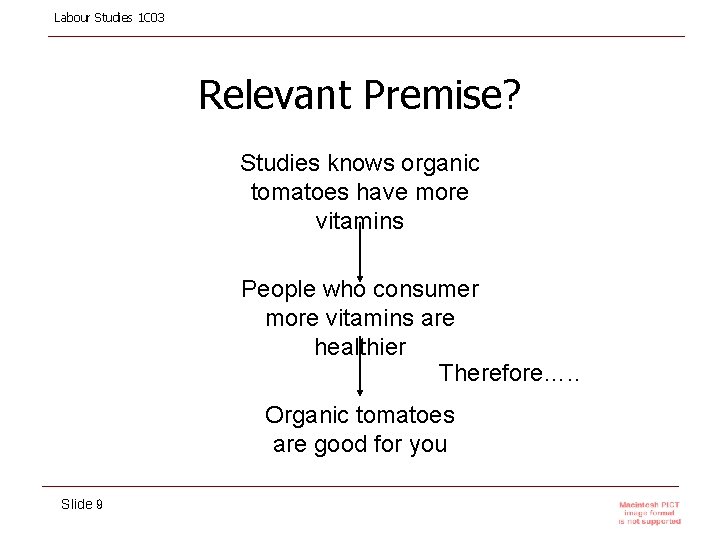 Labour Studies 1 C 03 Relevant Premise? Studies knows organic tomatoes have more vitamins