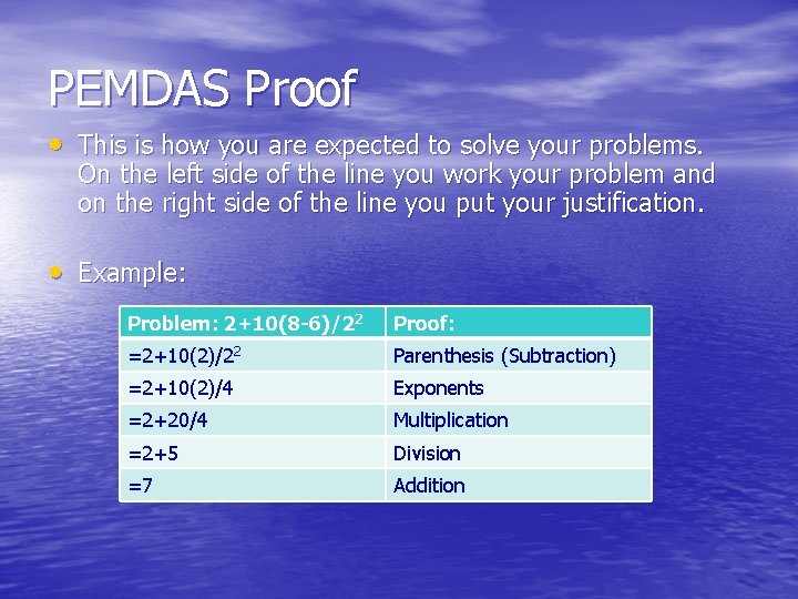 PEMDAS Proof • This is how you are expected to solve your problems. On