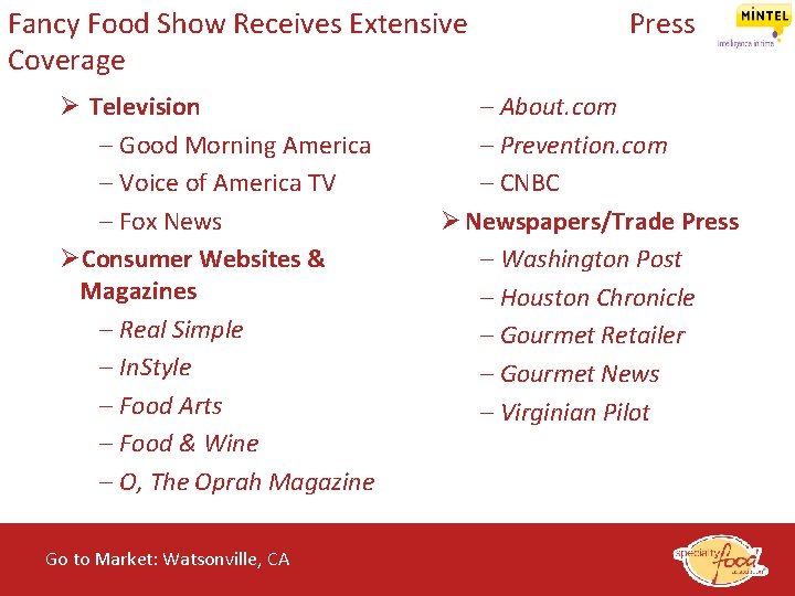 Fancy Food Show Receives Extensive Coverage Ø Television – Good Morning America – Voice