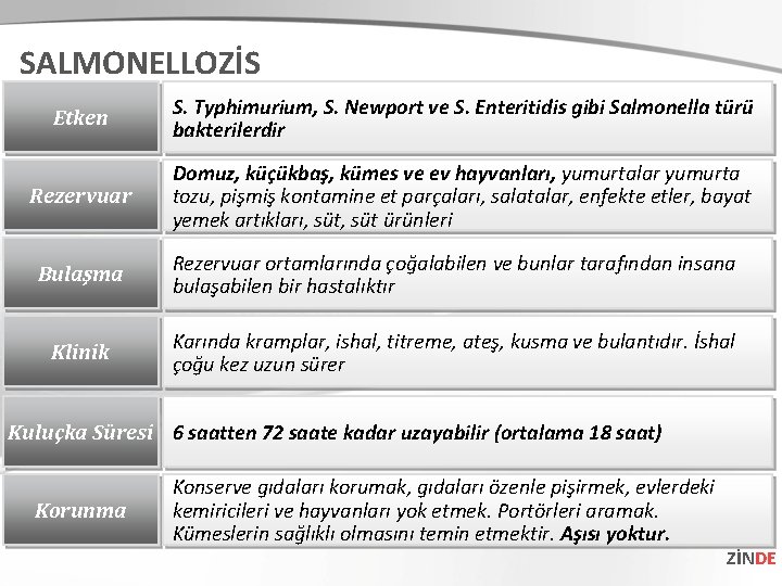 SALMONELLOZİS Etken S. Typhimurium, S. Newport ve S. Enteritidis gibi Salmonella türü bakterilerdir Rezervuar