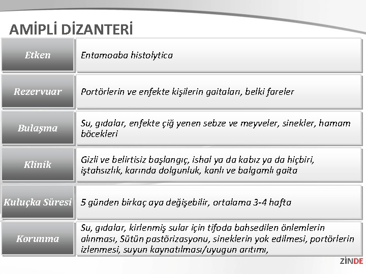 AMİPLİ DİZANTERİ Etken Rezervuar Bulaşma Klinik Entamoaba histolytica Portörlerin ve enfekte kişilerin gaitaları, belki