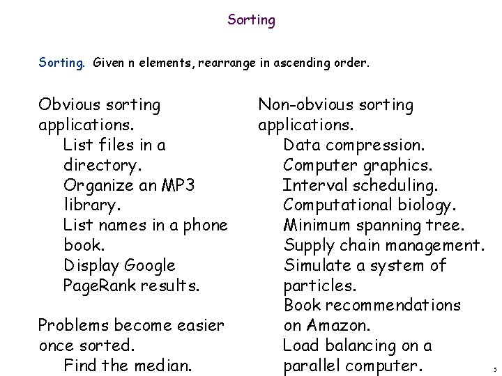Sorting. Given n elements, rearrange in ascending order. Obvious sorting applications. List files in