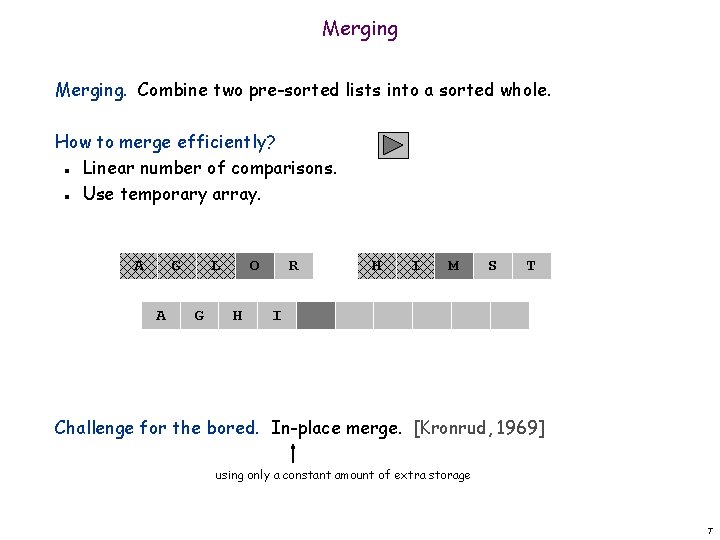 Merging. Combine two pre-sorted lists into a sorted whole. How to merge efficiently? Linear