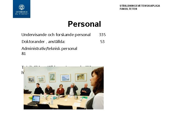 UTBILDNINGSVETENSKAPLIGA FAKULTETEN Personal Undervisande och forskande personal 335 Doktorander , anställda: 53 Administrativ/teknisk personal