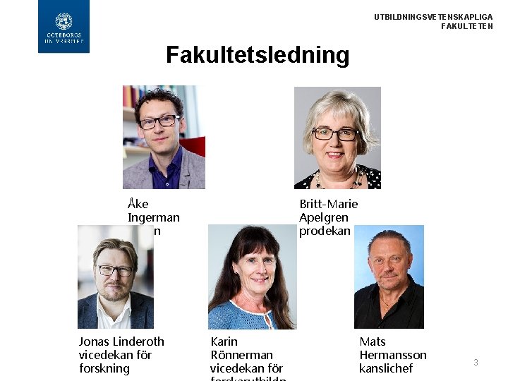 UTBILDNINGSVETENSKAPLIGA FAKULTETEN Fakultetsledning Åke Ingerman dekan Jonas Linderoth vicedekan för forskning Britt-Marie Apelgren prodekan