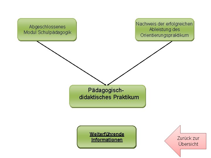 Nachweis der erfolgreichen Ableistung des Orientierungspraktikum Abgeschlossenes Modul Schulpädagogik Pädagogischdidaktisches Praktikum Weiterführende Informationen Zurück